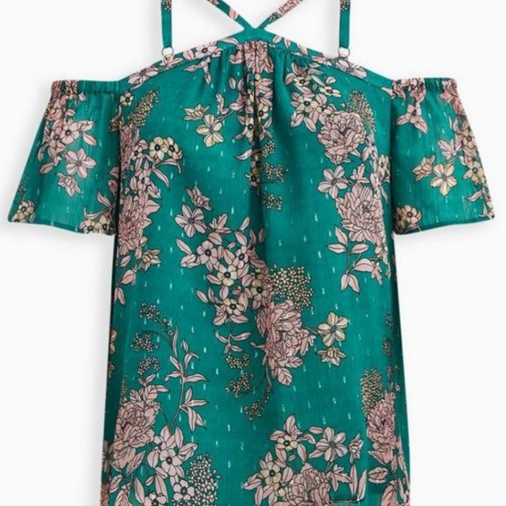 NWT Torrid Cold Shoulder Crinkle Chiffon Floral Halter Top Green Size 00